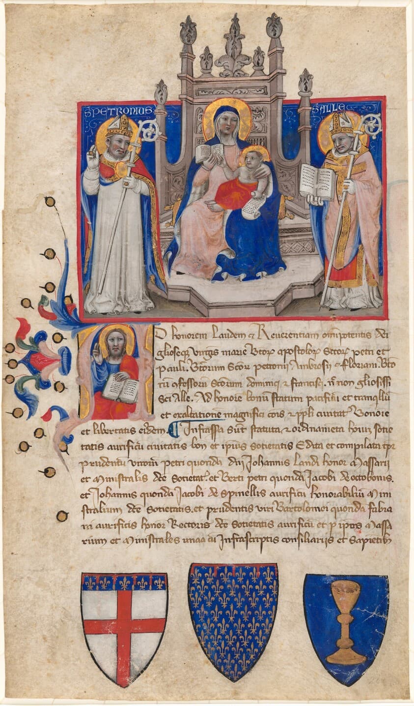 Madonna and Child Enthroned between Saints Petronius and Alle (Eligius); Christ in the Initial A — Nicolo da Bologna