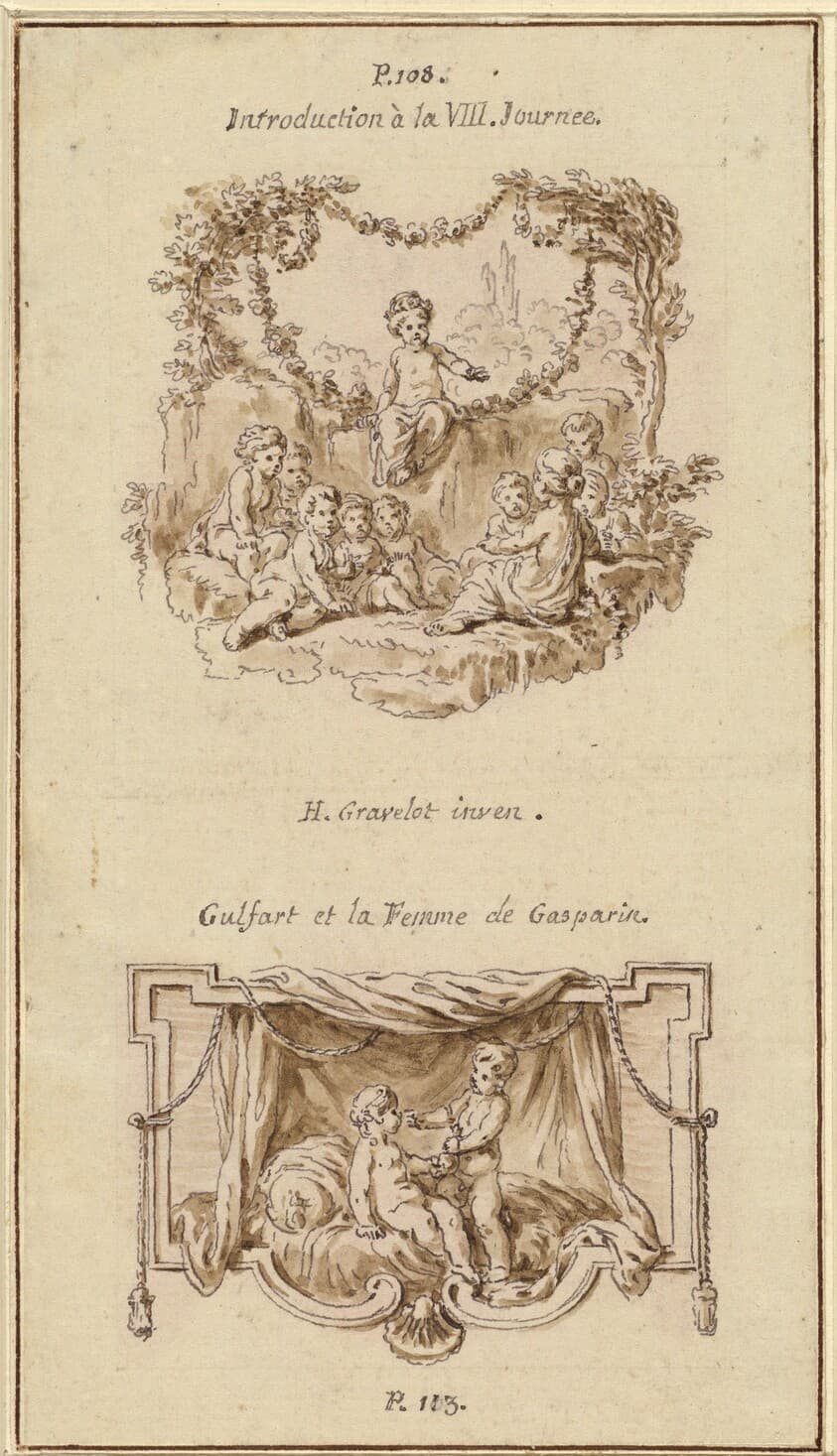Nine Children Listening to a Girl Tell a Story; A Boy Handing a Purse to a Girl Seated on a Bed — Hubert François Gravelot
