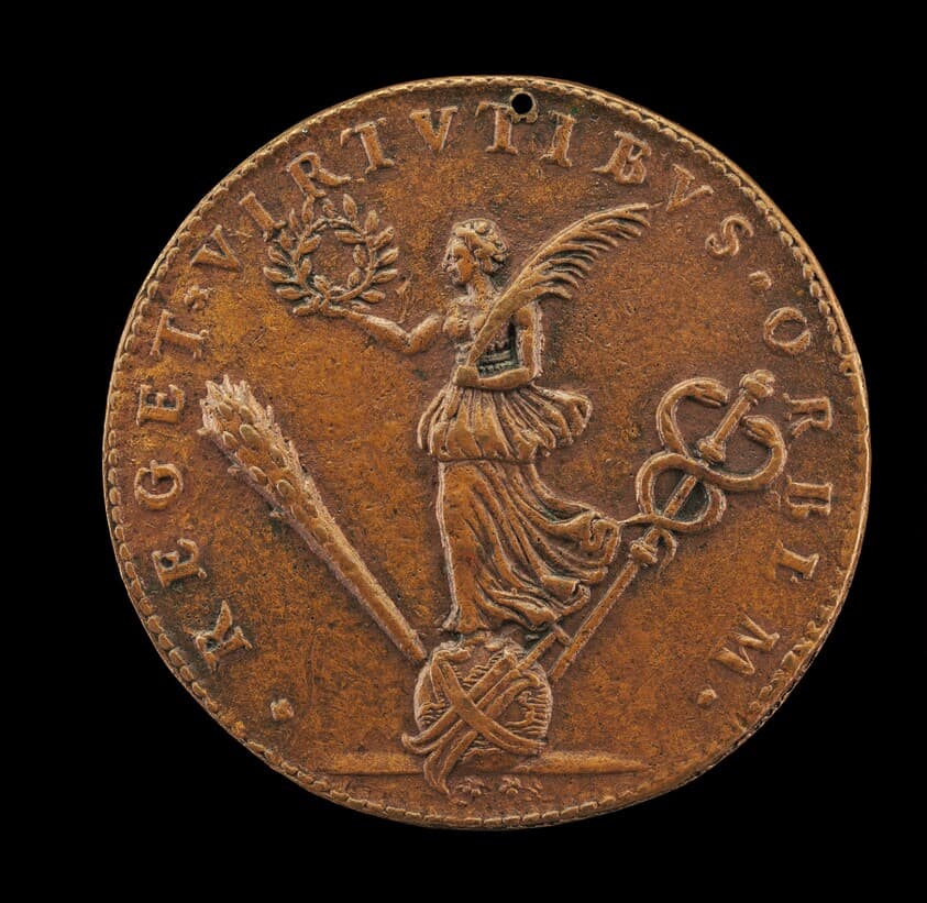 Victory Holding a Palm and Laurel, on a Globe with a Rudder, Club, and Cadeuceus [reverse] — Philippe Danfrie II