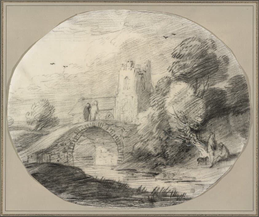 River Landscape with a Bridge and a Church — Thomas Gainsborough