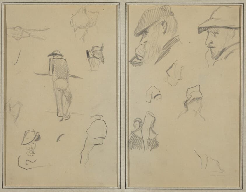 A Man Leaning on a Wall with Five Other Studies; Two Bearded Men Wearing Hats, and Five Other Studies [recto] — Paul Gauguin
