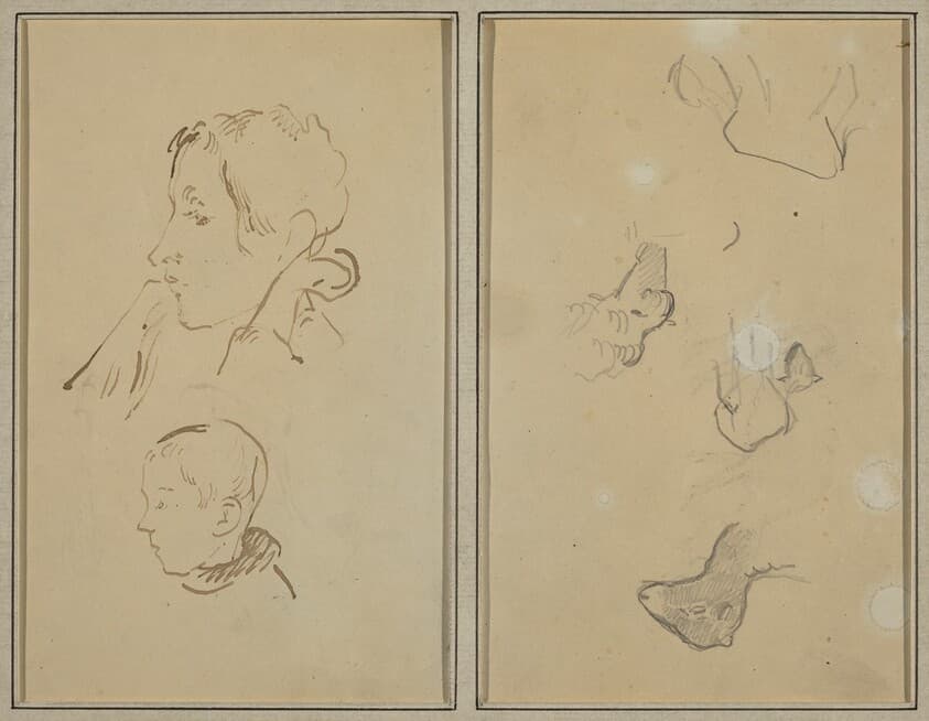Two Heads; Studies of Sheep [recto] — Paul Gauguin