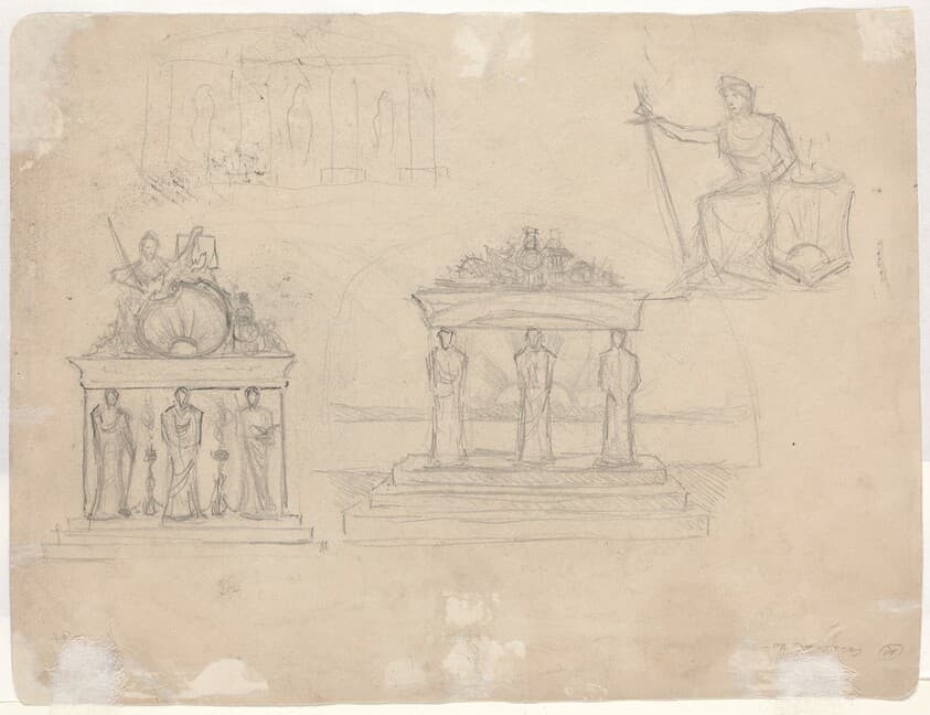Studies of Classical Temple Facades and Seated Female Figure [verso] — John William Casilear