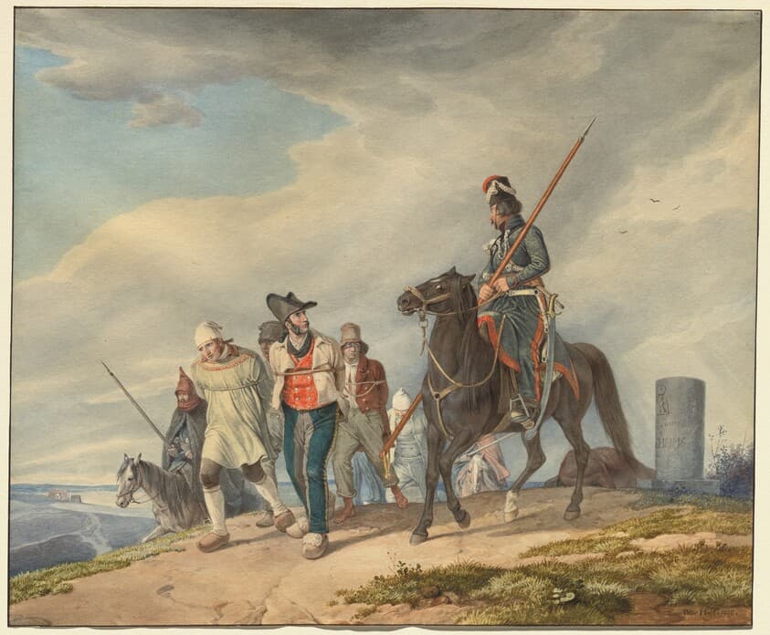 Three Armed Riders Escorting Prisoners near Reims — Peter von Hess