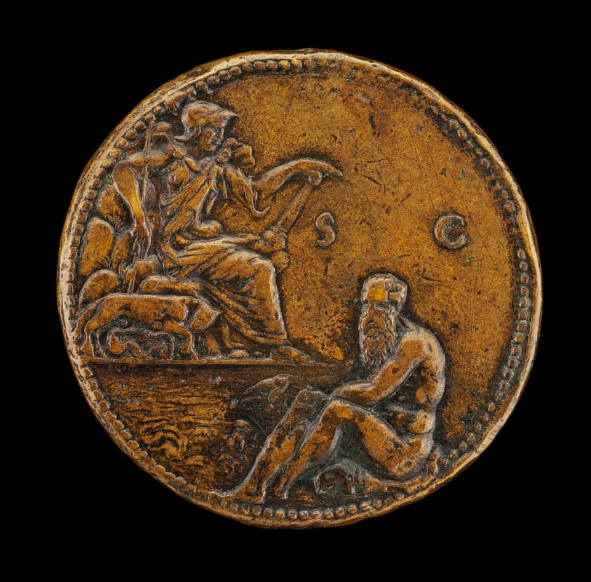 Roma with She-Wolf, Romulus, and Remus above the Tiber River [reverse] — Leone Leoni