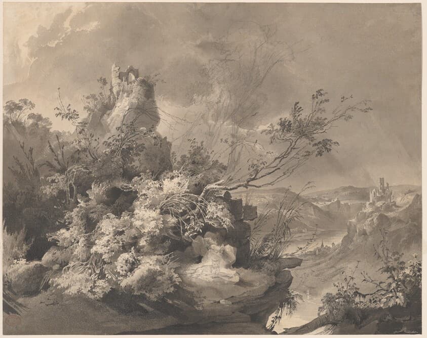 Ruined Towers Overlooking the Rhine — Karl Bodmer