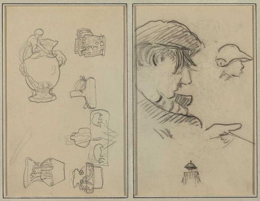 Studies of Jugs and Vases; A Man with Moustache and a Boy with a Hat [recto] — Paul Gauguin