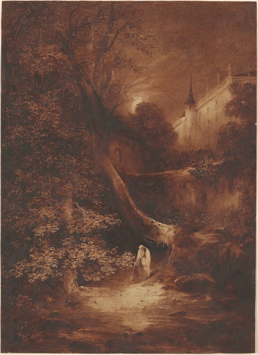 Moonlit Landscape with a Monk Walking near a Palace — Julius Albert Elsasser