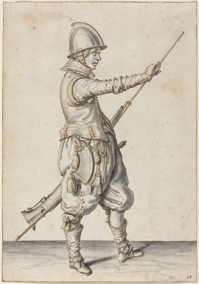 Elegantly Dressed Soldier Tamping His Caliver — Jacques de Gheyn II