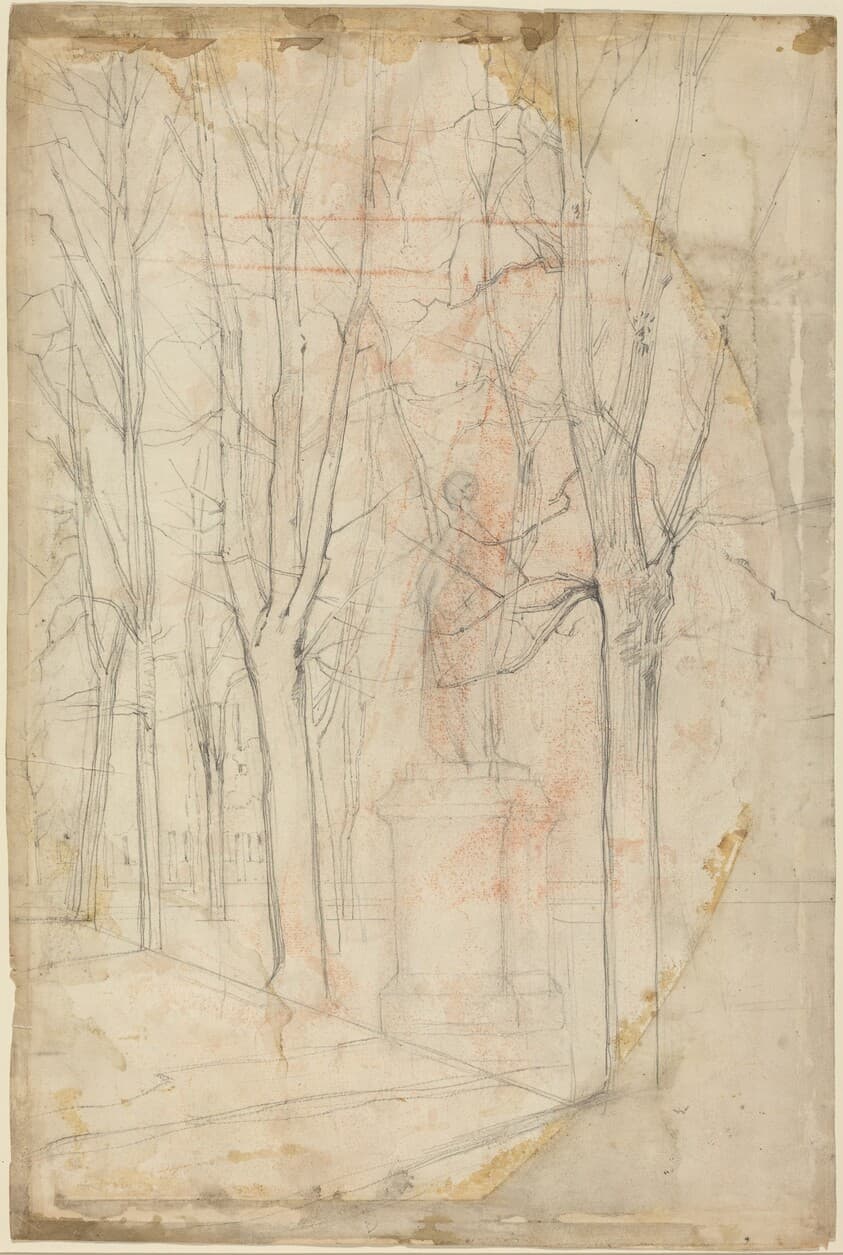 Sketch of Trees with a Statue on a Pedestal — Félix-Hilaire Buhot