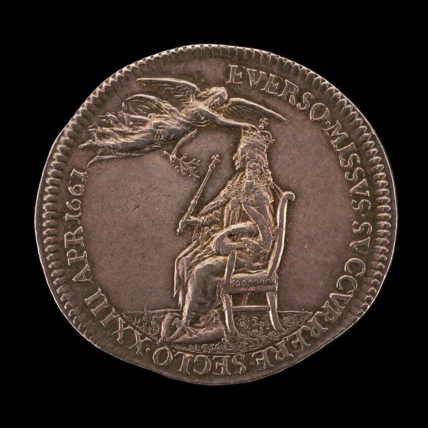 King Charles II Enthroned, being Crowned by Peace [reverse] — Thomas Simon