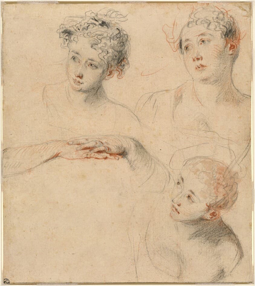 Three Studies of a Woman's Head and a Study of Hands [recto] — Antoine Watteau