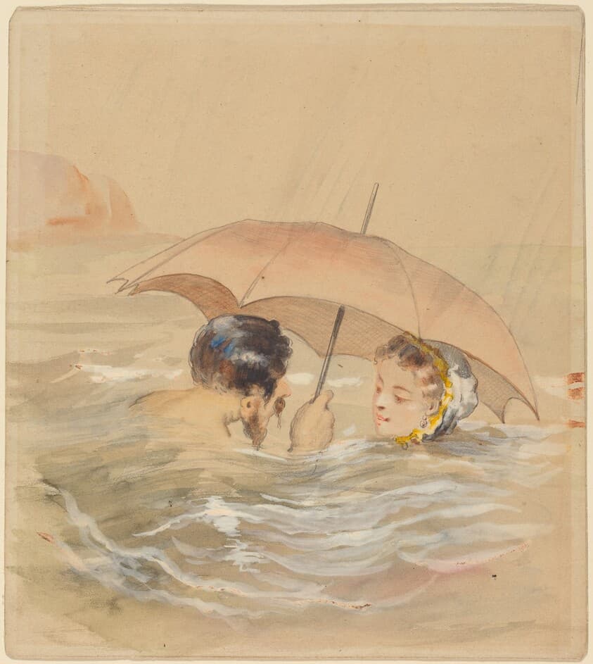 Male and Female Bathers with Umbrella — Alfred Grévin