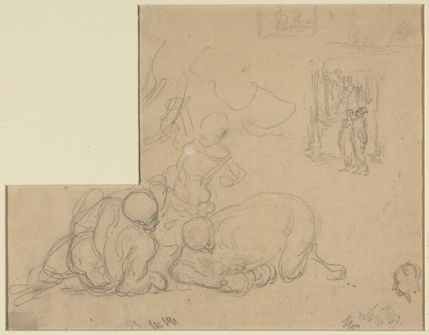 Sheet of Studies with Two Large Men on the Ground — Honoré Daumier