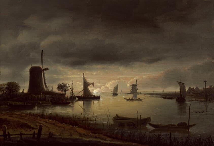 River Scene with Windmill and Boats, Evening — Anthonie van Borssom