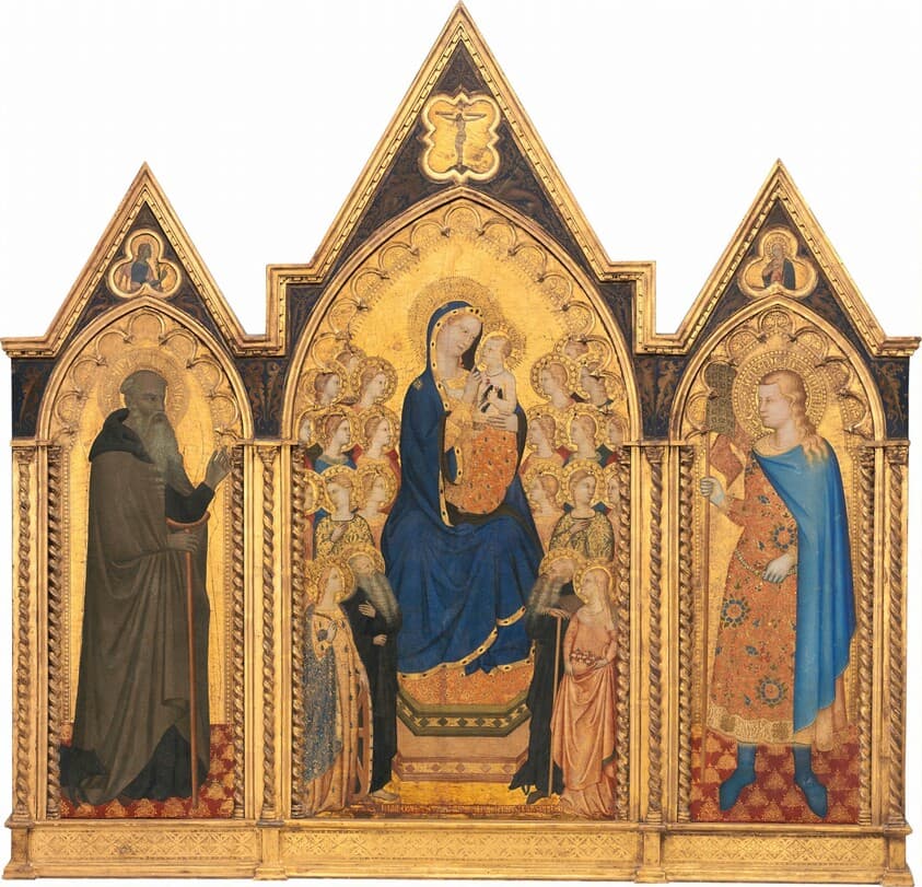 Madonna and Child Enthroned with Four Saints and Eighteen Angels [middle panel] — Puccio di Simone and Allegretto Nuzi