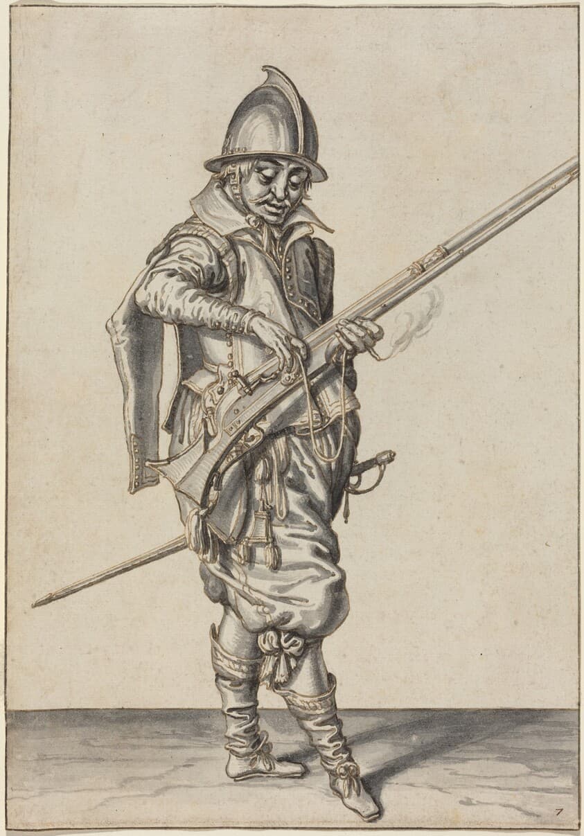 Elegantly Dressed Soldier Preparing to Fire His Caliver — Jacques de Gheyn II