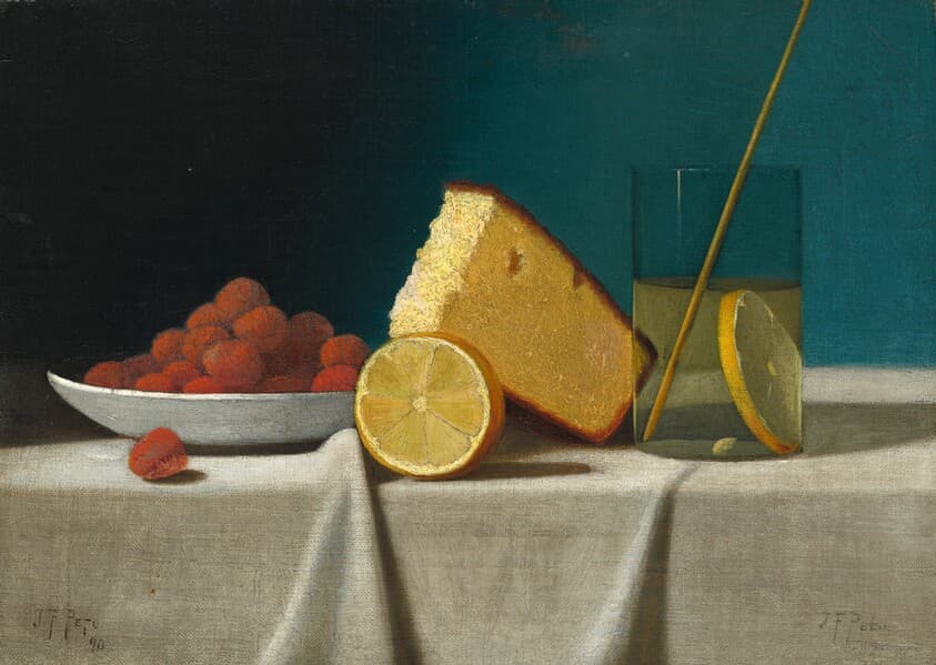 Still Life with Cake, Lemon, Strawberries, and Glass — John Frederick Peto