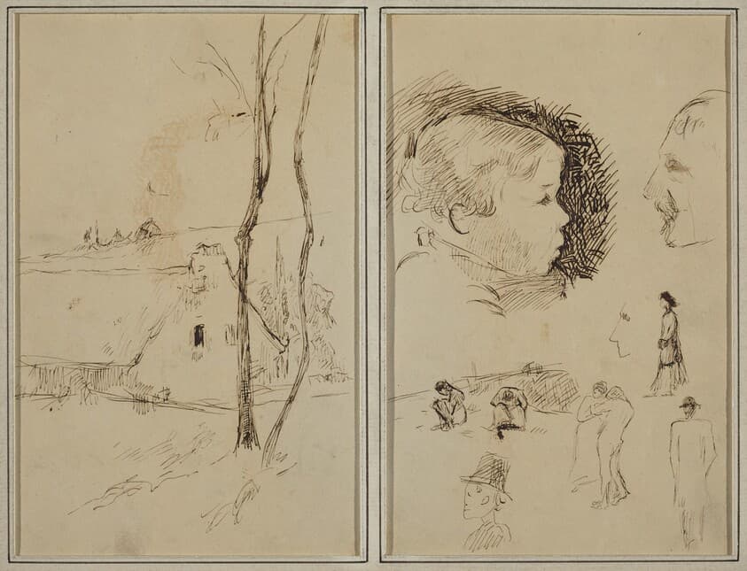 Landscape with a Cottage; Profile of Boy, Profile of Man, Two Women in a Landscape, and Five Other Studies [verso] — Paul Gauguin