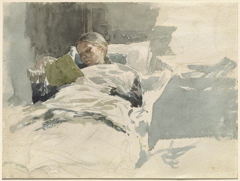 The Artist's Wife Reading in Bed — Leopold von Kalckreuth