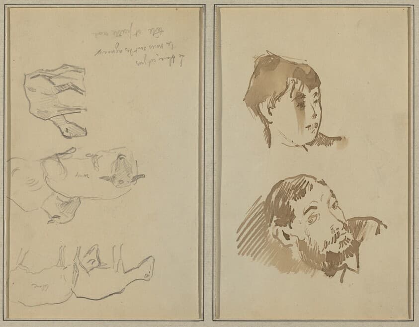 Five Sheep; Head of a Woman and Head of a Bearded Man [recto] — Paul Gauguin