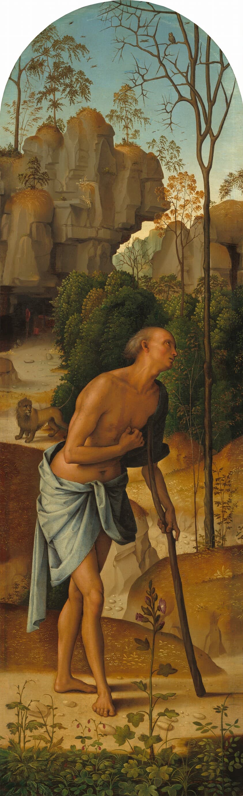 The Crucifixion with the Virgin, Saint John, Saint Jerome, and Saint Mary Magdalene [left panel] — Pietro Perugino