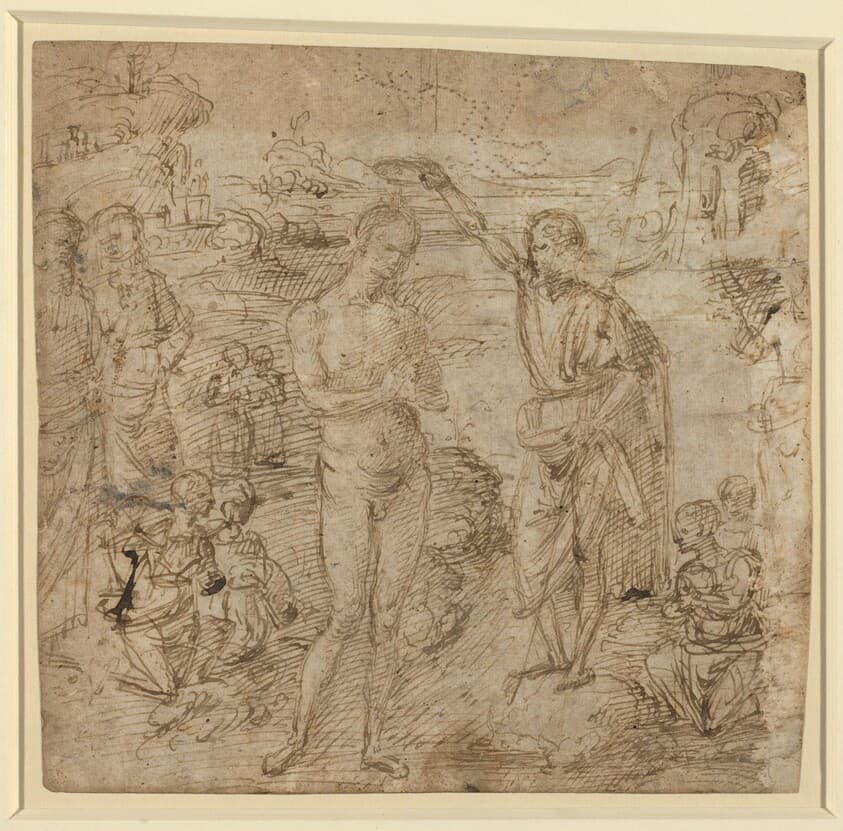 a) The Baptism of Christ; b) Draped Figure Holding a Book and Man Wielding an Ax with a Figure — Pietro Perugino