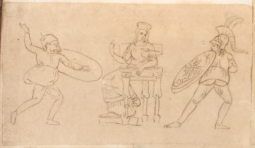 Comic Warrior, Seated Woman, and Figure with a Shield — Jacques-Louis David