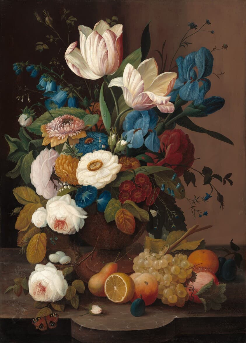 Still Life, Flowers, and Fruit — Severin Roesen