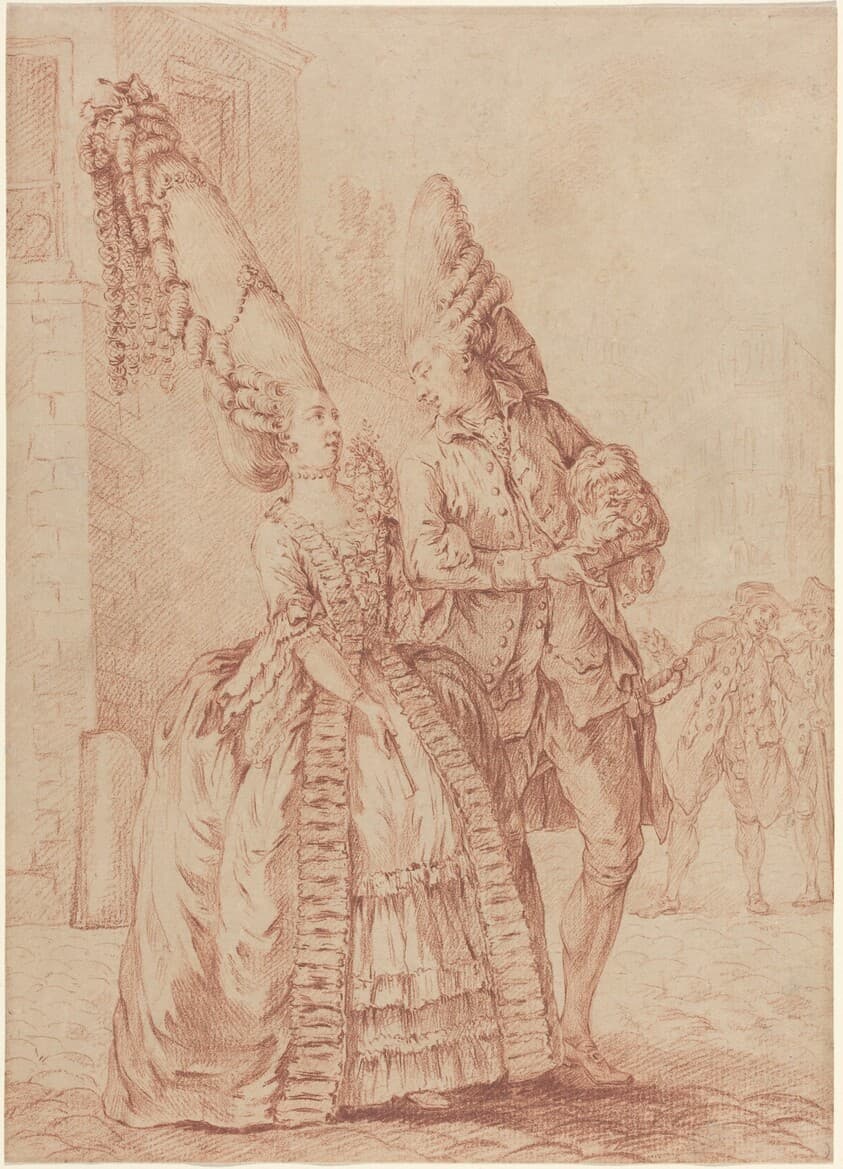 A Lady and Gentleman with Exaggerated Headdresses — Pierre Thomas Le Clerc