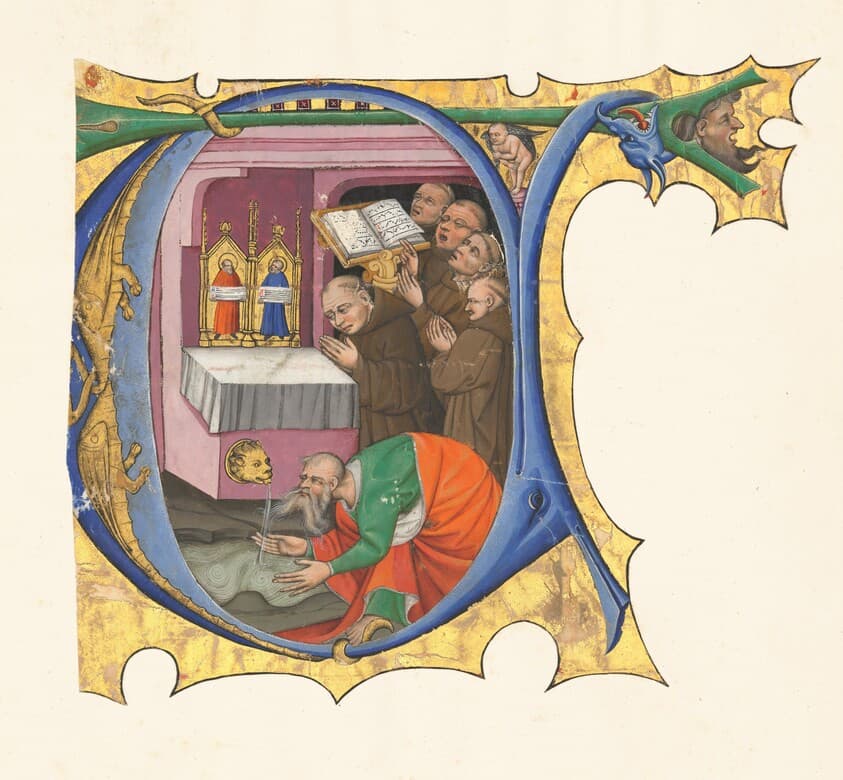 Initial T with a group of Benedictine monks singing before an altar from which issues water — Master of the Cypresses