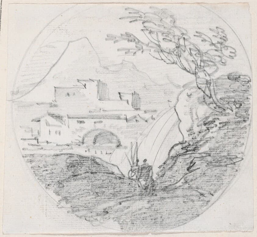 View from a Ridge to a Village and Distant Mountain — Hubert Robert