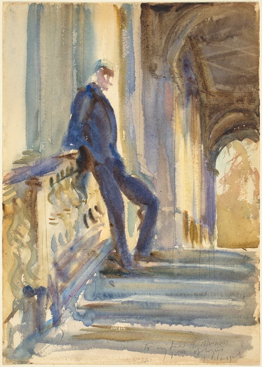 Sir Neville Wilkinson on the Steps of the Palladian Bridge at Wilton House — John Singer Sargent