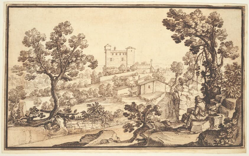 Landscape with a Man Resting, Farm Houses, and a Castle — Remigio Cantagallina