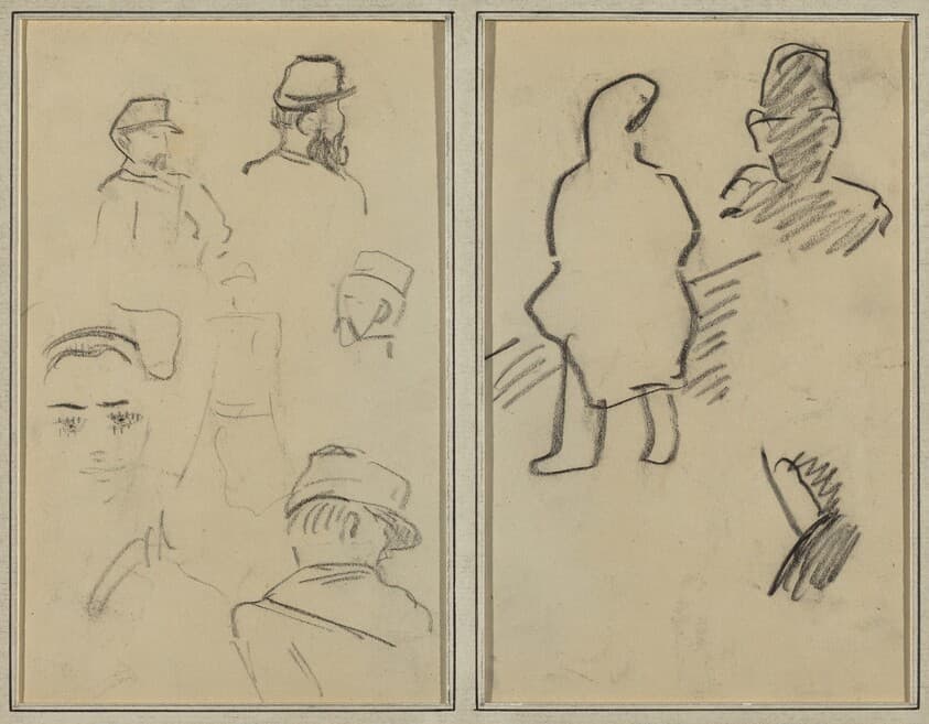 Five Studies of Soldiers and a Woman's Face; Two Figures [recto] — Paul Gauguin