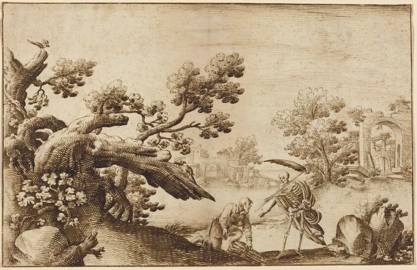 Death and the Woodman in a Coastal Landscape with Ruins — Ercole Bazicaluva