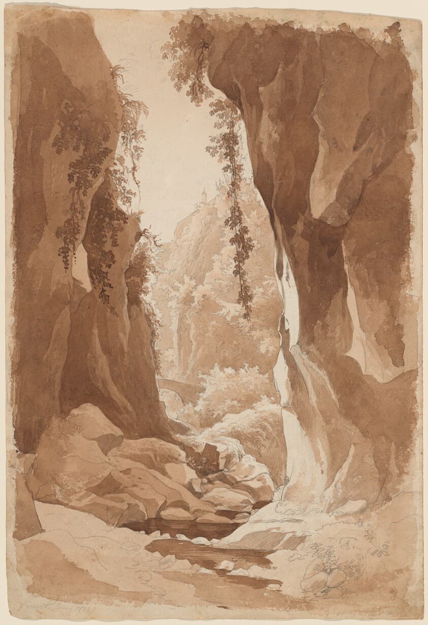 Cliffs Overhanging a River Gorge near Sorrento (recto) — Johann Joachim Faber