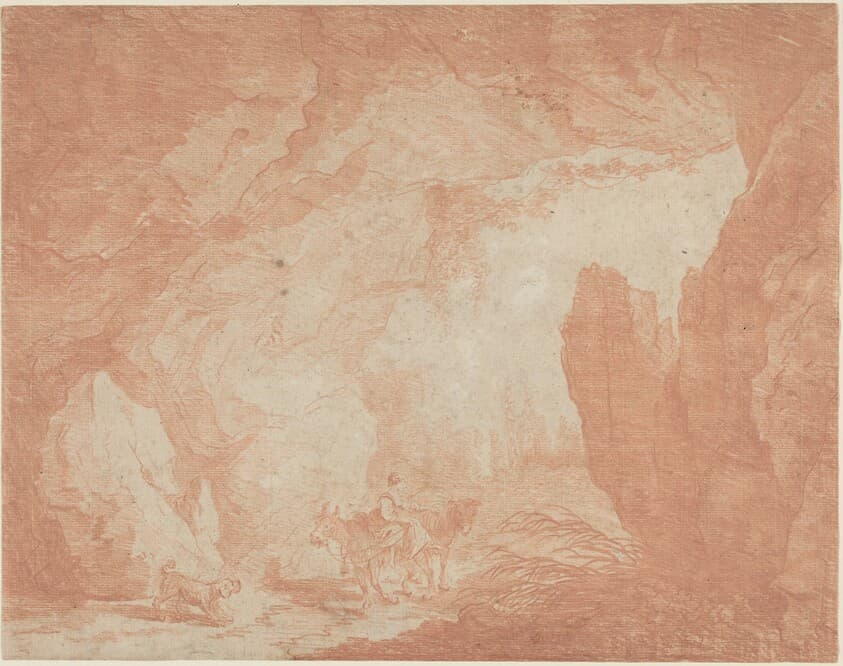 Young Woman with Donkeys Riding under a Natural Bridge — Hubert Robert