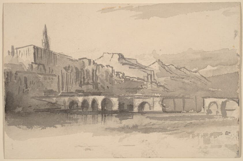 Bridge with Mountains in the Distance (Ventimiglia) — Edward Lear