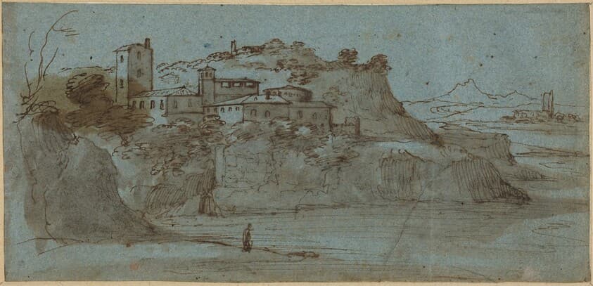 Village atop a River Cliff [recto] — Master of the Blue Landscapes