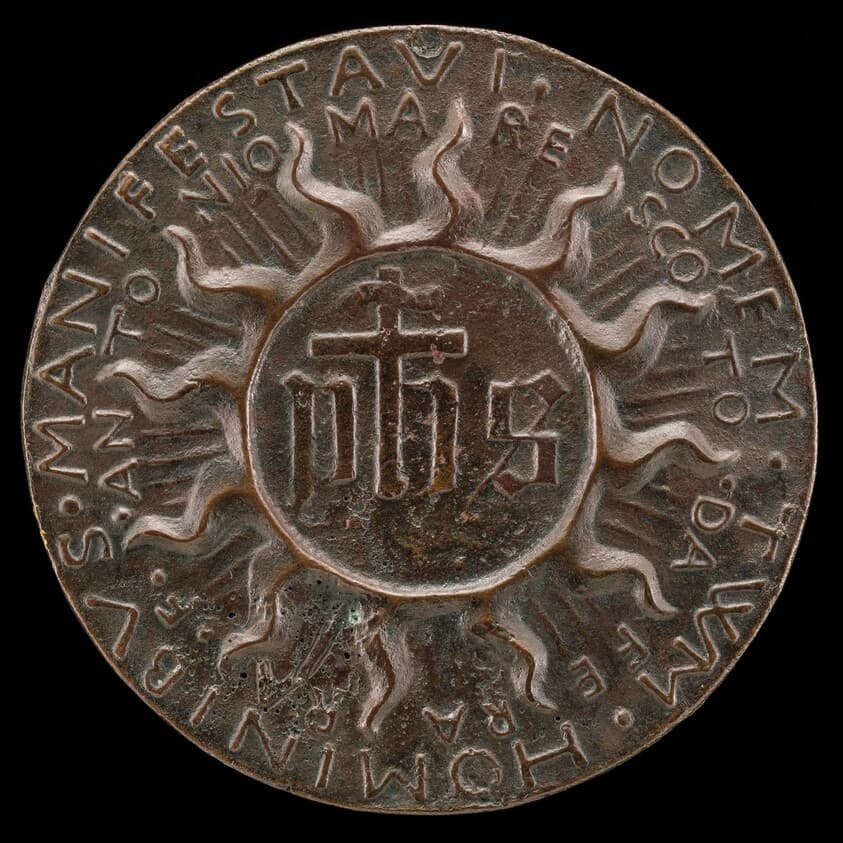 The Trigram IHS in a Flaming Halo [reverse] — Antonio Marescotti