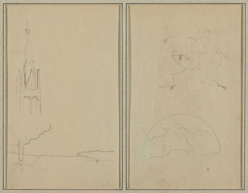 Church Tower; A Sketch of a Fan [recto] — Paul Gauguin