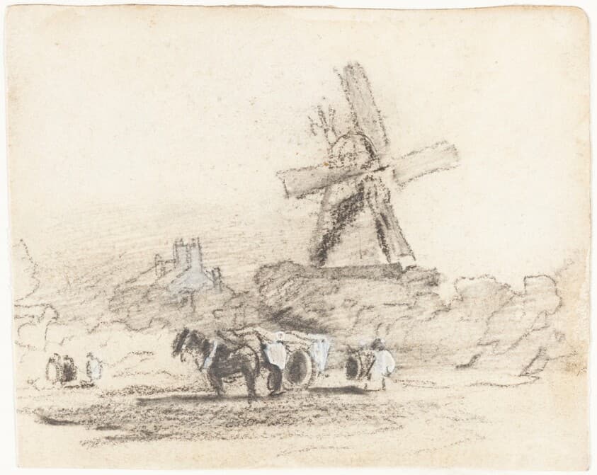 A Cart with Two Horses near a Windmill — David Cox