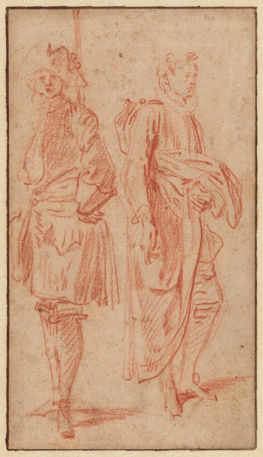 Two Standing Soldiers, One Wearing a Hat — Antoine Watteau