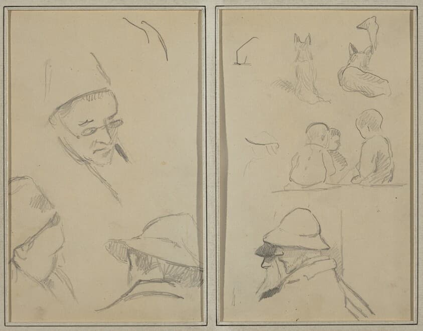 Three Studies of Men's Heads, One with Spectacles; Dogs, Children, and Two Bearded Men in Profile [verso] — Paul Gauguin