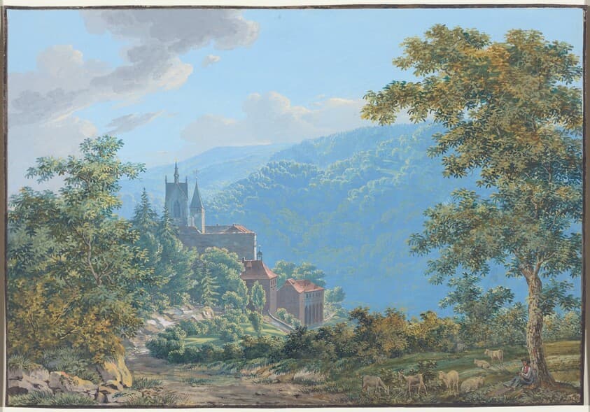 A Fortress in a Mountain Landscape at Sunrise — Jakob Wilhelm Huber
