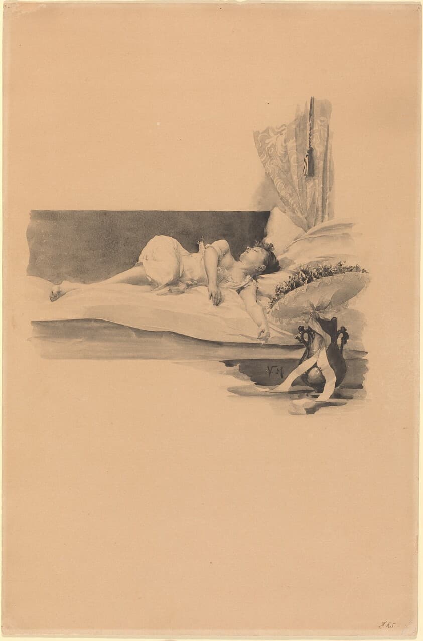 Illustration for "Jestrab Kontra Hrdlicka, XXII" (Girl asleep on a bed) — Karel Vitezslav Masek