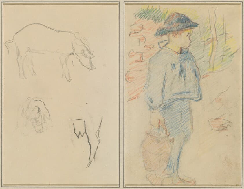 Three Studies of a Pig; Breton Boy Walking with a Jug [recto] — Paul Gauguin