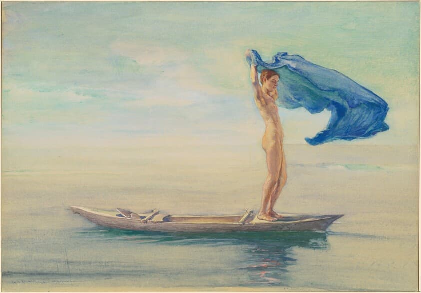 Girl in Bow of Canoe Spreading Out Her Loin-Cloth for a Sail, Samoa — John La Farge