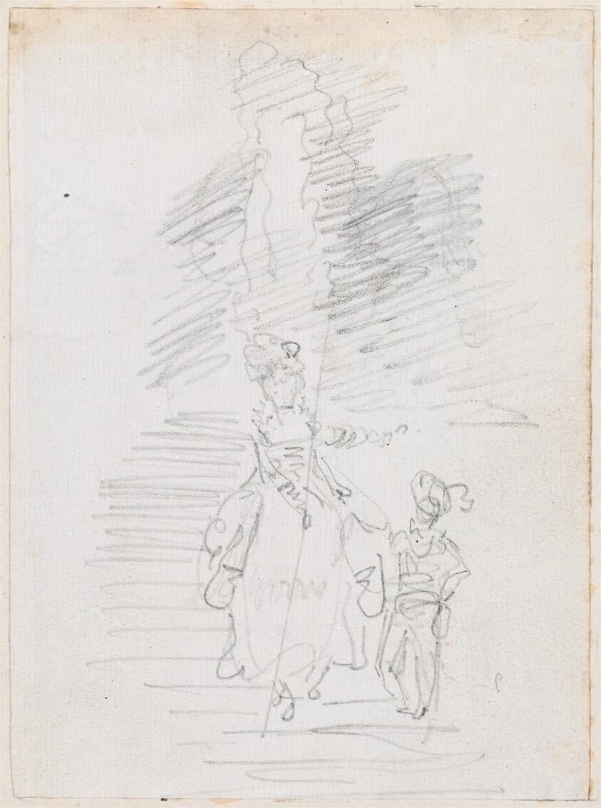 Woman and Smaller Male Figure on Grand Stairway [recto] — Hubert Robert